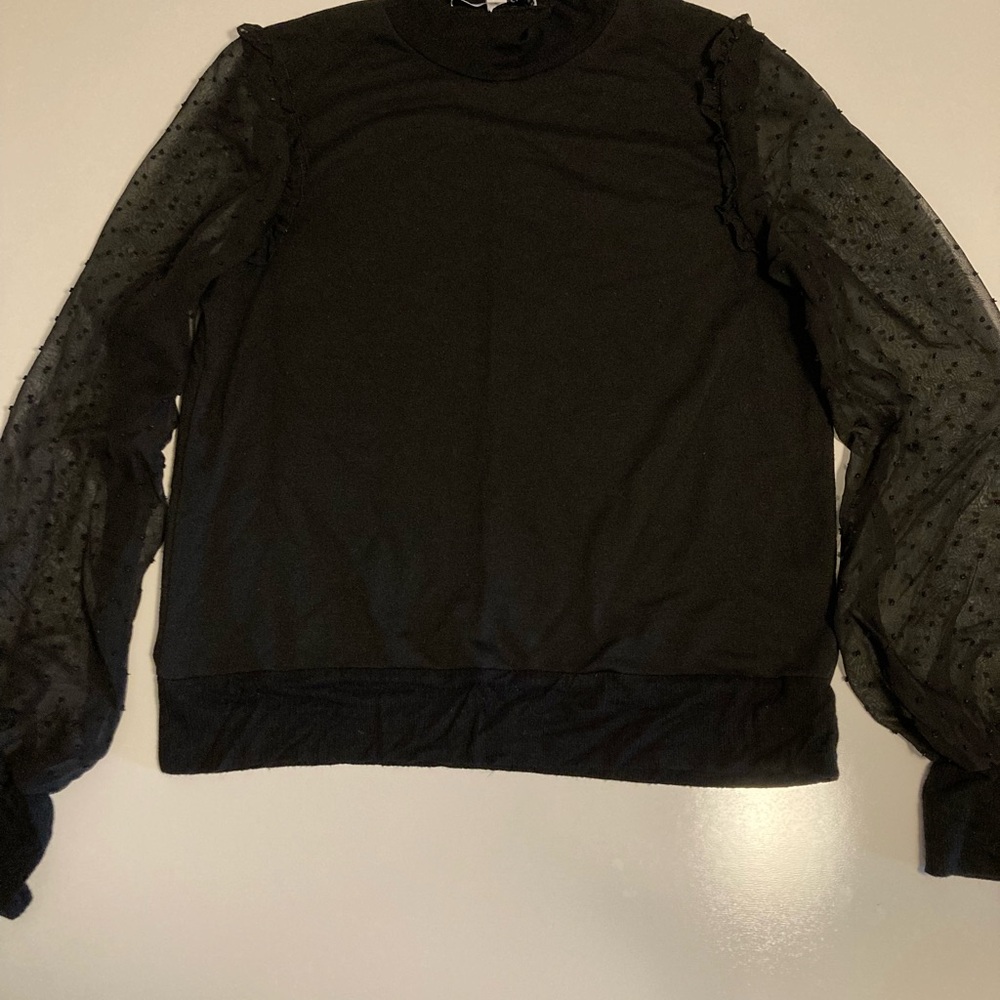 The Vanity Room Elegant Black Top size L sheer sleeves with ruffles
